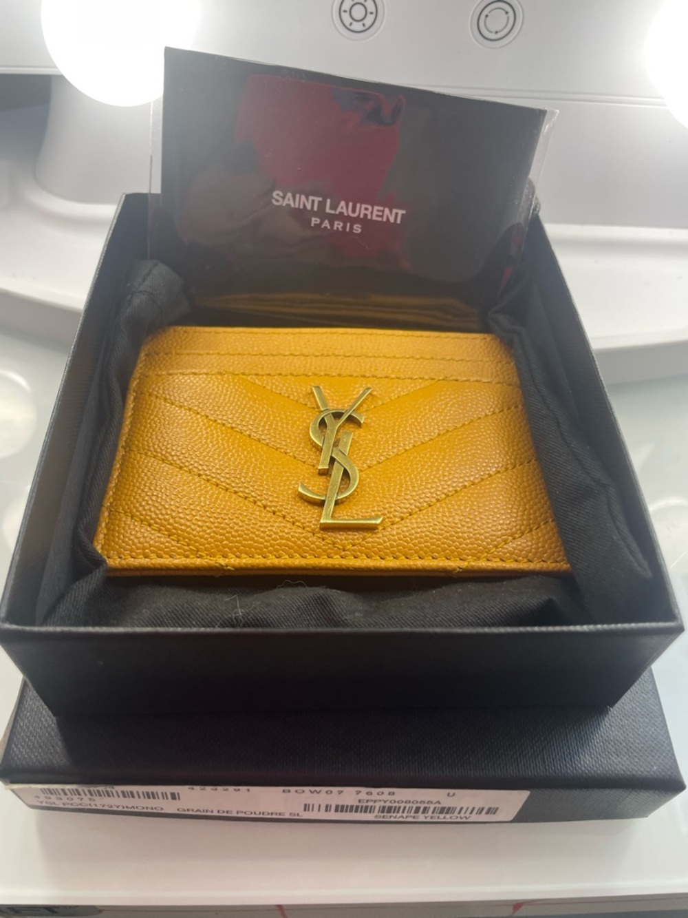Authentic Saint Laurent Quilted Senape Yellow Leather Card Holder Gold YSL Logo - Picture 9 of 10